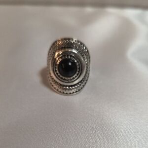 Silver-Tone Oval Statement Ring with Black Stone
